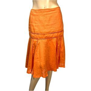 Lauren Ralph Lauren Orange Flared 100% Linen Skirt Size 6 Crochet Trim